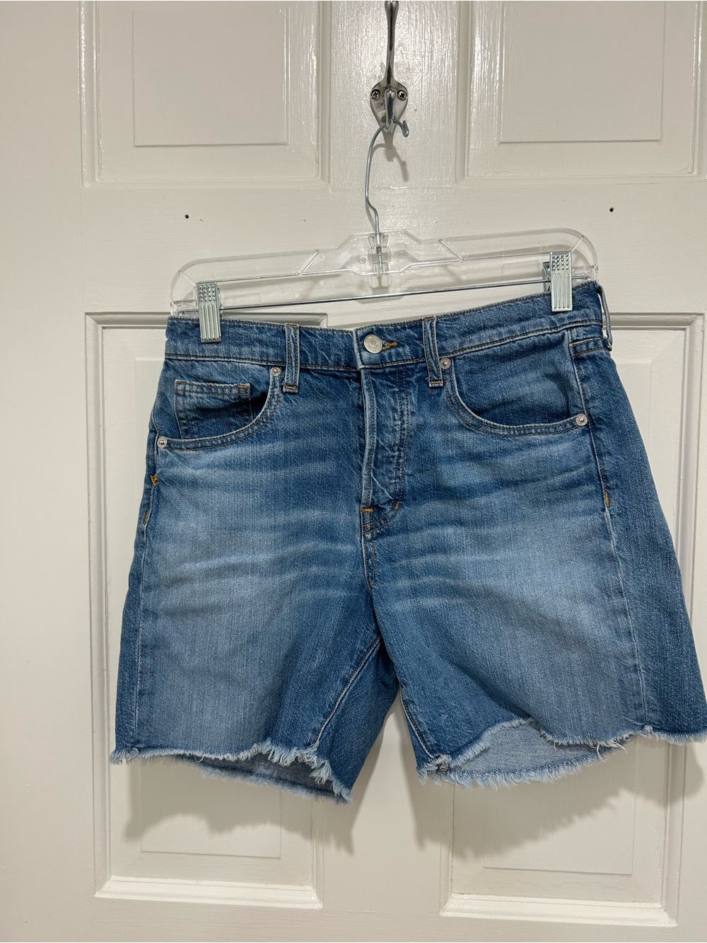 Veronica Beard Mid-Blue Distressed Denim Shorts